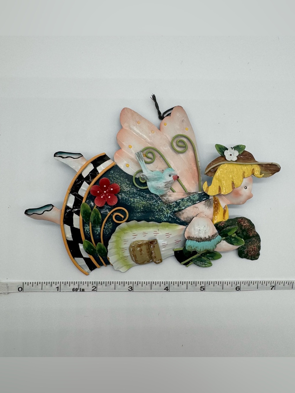 Vintage Tooled Metal Flying Fairy Wall Art Plaque Checkerboard Dress Bluebird - Picture 6 of 7